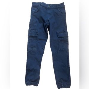 Dark blue stretchy cargo pants with banded ankles